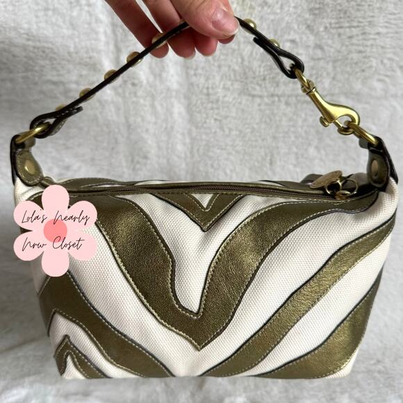 Vintage Coach y2k Rare Pouchette Metallic Bronze Zebra Top Handle Studded Bag - Picture 2 of 9